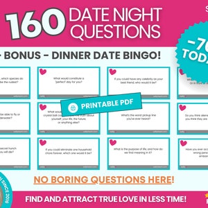 以下が含まれることがあります： ピンクとターコイズの印刷可能なPDFダウンロードで、テキスト「160 Date Night Questions + Bonus - Dinner Date Bingo! 」と「No Boring Questions Here! Find and Attract True Love in Less Time! 」が含まれています。画像には、テキスト「 -70% Today! 」のピンクのスターバーストと、テキスト「sally 」のピンクのハートも含まれています。
