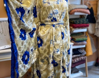 Large Blue Flower Oversized Upcycled Silk Kimono