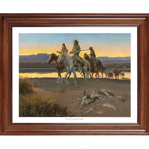 May include: A framed print of a painting depicting a group of people on horseback riding through a desert landscape at sunset. The painting is titled "Cowboys' Home" by Charles M. Russell.