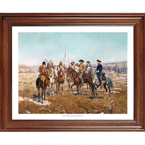 May include: A framed painting depicting a historical scene of a meeting between Native American and U.S. military leaders on horseback. The painting is set against a backdrop of a vast, open landscape with a blue sky and white clouds. The painting is titled " Custer's Last Stand" by Charles Schreyvogel.