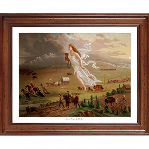 May include: A painting depicting a woman in a white dress, holding a book, standing in the clouds above a landscape with people, wagons, and a train. The painting is titled "American Progress" by John Gast.