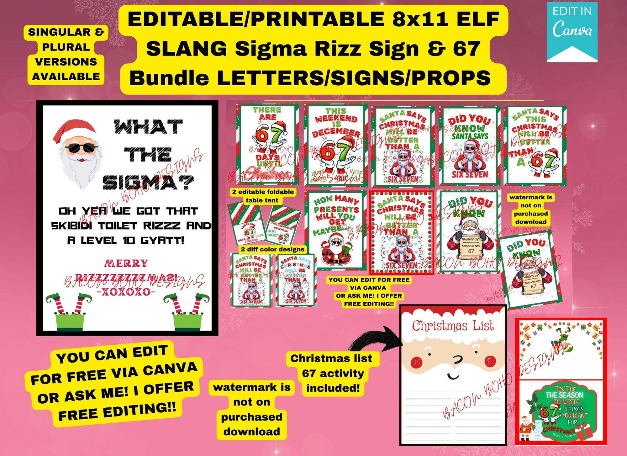 Printable/editable Elf Sigma Rizz Sign, Elf 67 Bundle, Sigma Rizz Elf ...
