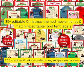 35+ Editable Christmas Dinner and a Movie menus, Mystery Movie Night, Holiday movie night,  recipes, links, food tents, my own recipes