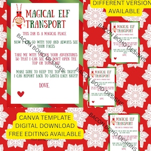 Puede incluir: Descarga digital de una plantilla de Canva para una carta de transporte de elfos. El diseño incluye el texto "Magical Elf Transport" con una combinación de colores rojo y verde, copos de nieve y un corazón. Múltiples versiones disponibles.
