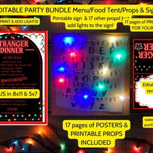Könnte beinhalten: Ein editierbares Party-Bundle mit Menüs, Essenszelt-Etiketten, Requisiten und Schildern. Enthält druckbare Schilder und Requisiten, mit der Option, Lichter hinzuzufügen. Das Design hat ein Stranger Things-Thema, mit Menüs in 21 x 28 cm und 13 x 18 cm.