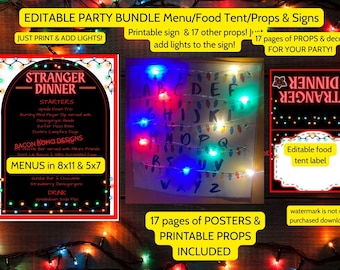 Editable/Printable stranger party menu, stranger party props, party decor for things party, NYE party decor, mystery movie night menus