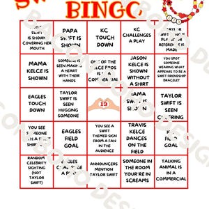 Swift Football 2025 party game Super Bing  Bowl game swift bingo 25 different editable printable versions