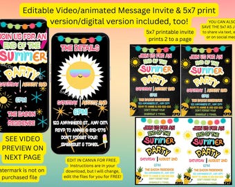 Bewerkbare uitnodiging voor feest aan het einde van de zomer: digitale video-uitnodiging (pdf-afdrukoptie beschikbaar)