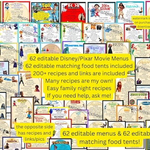 May include: A collection of 62 editable Disney/Pixar movie menus and 62 matching food tents. The image features various movie themes, including Toy Story, Moana, and The Lion King. Text includes recipes and links.
