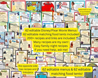 62 Editable Dinner and a Movie night menus, Mystery Movie Night ideas for family movie nights, 200+ recipes & links, food tent tags included
