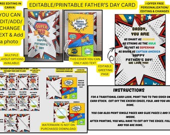 Printable/Editable superhero card for him, superhero card, Father's Day card, card for dad, card for grandpa, superhero gifts, free editing
