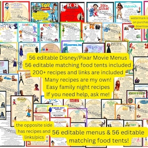 56 editable Dinner and a Movie Night Menus, includes instructions, recipes, links, food tents, Family Movie Nights, mystery movie night idea