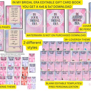 May include: A collection of pink and white bridal-themed gift card books. The image includes various designs with text like "In Your Bridal Era" and "Greeting Pages." The books are available in 4x6 and 5x7 sizes.