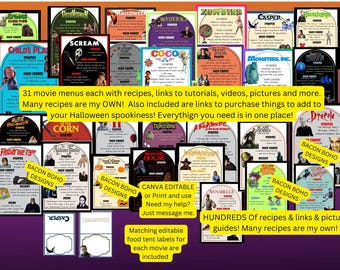 31 Editable Halloween movie night menus, 100+ recipes and links, my recipes included, links to add to theme movie night, mystery movie night
