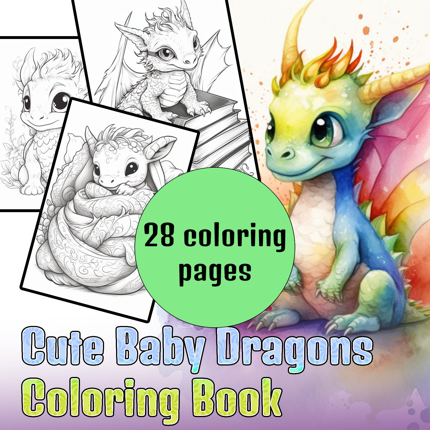 28 Cute Baby Dragon Fantasy Coloring Page Book, Adults + Kids- Instant Download Grayscale ...