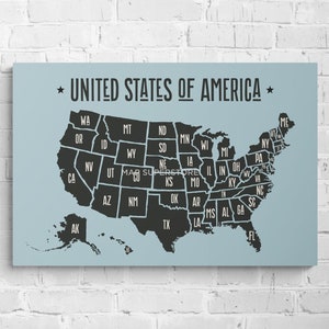 May include: A black and white map of the United States of America with the state names labeled. The map is on a light blue background.