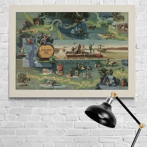 Vintage Pictorial Map - The Adventures of Huckleberry Finn along the Mississippi River