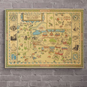 May include: A vintage map of Wheaton College in Norton, Massachusetts. The map is illustrated with buildings, roads, and landmarks. The text "WHEATON COLLEGE in the Old Colonial Village" is at the top of the map. The map is printed on a cream-colored background with green, blue, and red accents.