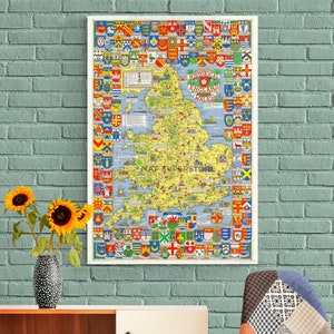 Historical England & Wales Map: Pictorial Coat of Arms, Poster or Canvas