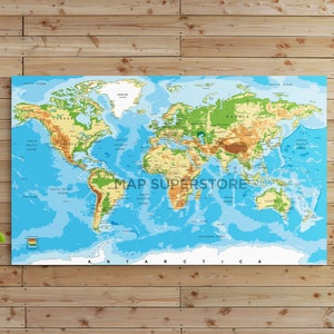 Detailed Physical World Map: Relief, Countries, Cities - Canvas or Poster