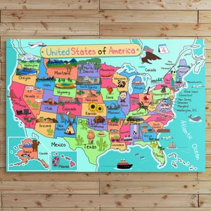 Cartoon USA Map with Landmark Illustrations - Educational  Illustration | Canvas or Poster Print
