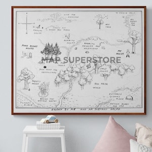 May include: A black and white illustration of a map of the Hundred Acre Wood from Winnie the Pooh. The map shows the locations of Pooh Bear's house, Piglet's house, Owl's house, Rabbit's house, Eeyore's Gloomy Place, and more. The text at the bottom of the map reads "Drawn by me and Mr. Shepard helped."