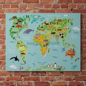 Animal World Map for Children and Kids | Poster Print Map for Nursery or Homeschool