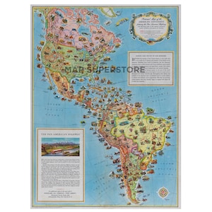 May include: A vintage-style pictorial map of the American continent featuring the Pan American Highway. The map displays North and South America with colorful illustrations of landmarks, wildlife, and industries, plus text boxes and a compass rose.