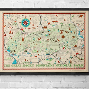Discover the Majestic Great Smoky Mountains National Park: Vintage Pictorial Map | Tennessee Map | Retro Canvas or Poster Print Map