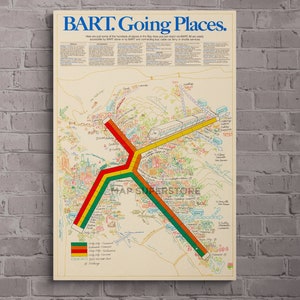 May include: A vintage BART map poster with the text "BART Going Places." The map shows the BART train lines in the San Francisco Bay Area. The map is illustrated with hand-drawn lines and symbols. The poster is printed on a cream-colored background.