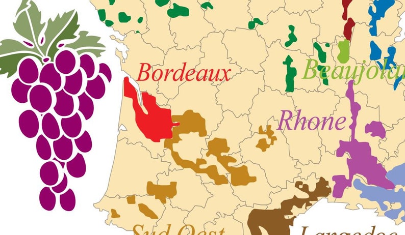 French Wine Map Regions - Canvas or Poster Print - France Wine Type Map