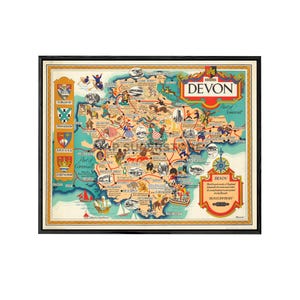 May include: A framed pictorial map of Devon, England, featuring colorful illustrations of local landmarks, historical figures, and activities. The map includes the text 'DEVON' in a prominent banner, various town names, and a decorative compass rose.