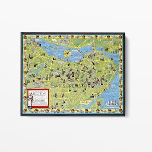 May include: A vintage illustrated map of Boston, Massachusetts, with a yellow background and blue water. The map features a variety of landmarks and points of interest, including the Boston Common, the Freedom Trail, and the Charles River. The map is framed in black.