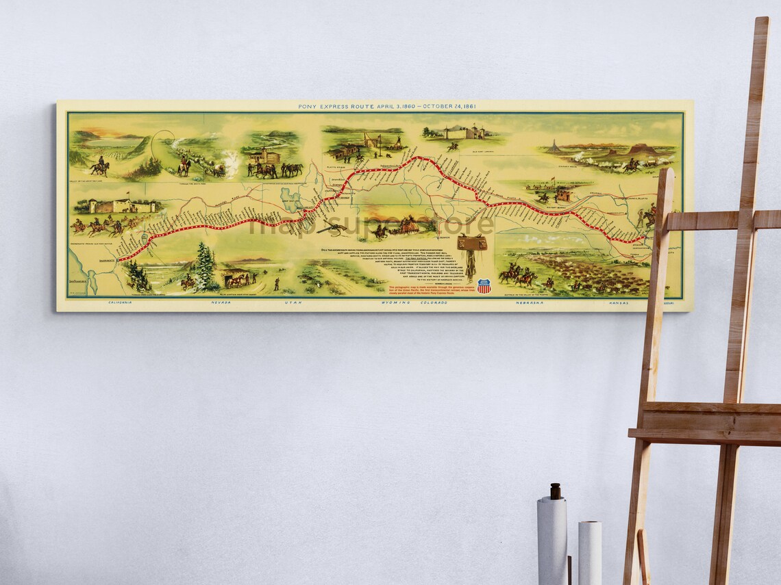 Vintage Pony Express Route Map Tracing the Historic Journey of the Wild 