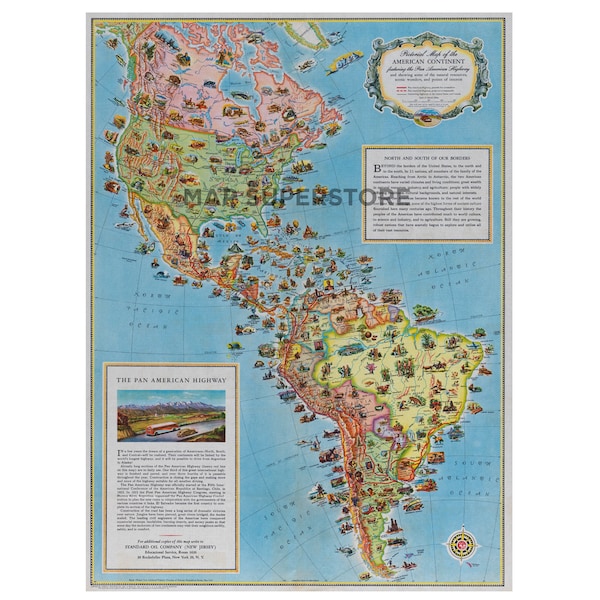 Restored Vintage Pictorial Map of North and South America | Pan American Highway Road Map | Picture Map of America | Piece of History