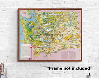 May include: A colorful illustrated map of Washington state featuring various landmarks, wildlife, and geographical features. The map includes text blocks titled The Evergreen State and The State of Washington Southwest, with the word WASHINGTON in red.