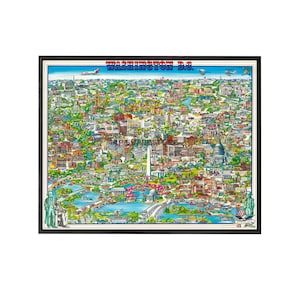 May include: A colorful illustrated map of Washington D.C. in a black frame. The map shows landmarks like the Washington Monument, the Capitol Building, and the White House. The map is surrounded by a black frame.