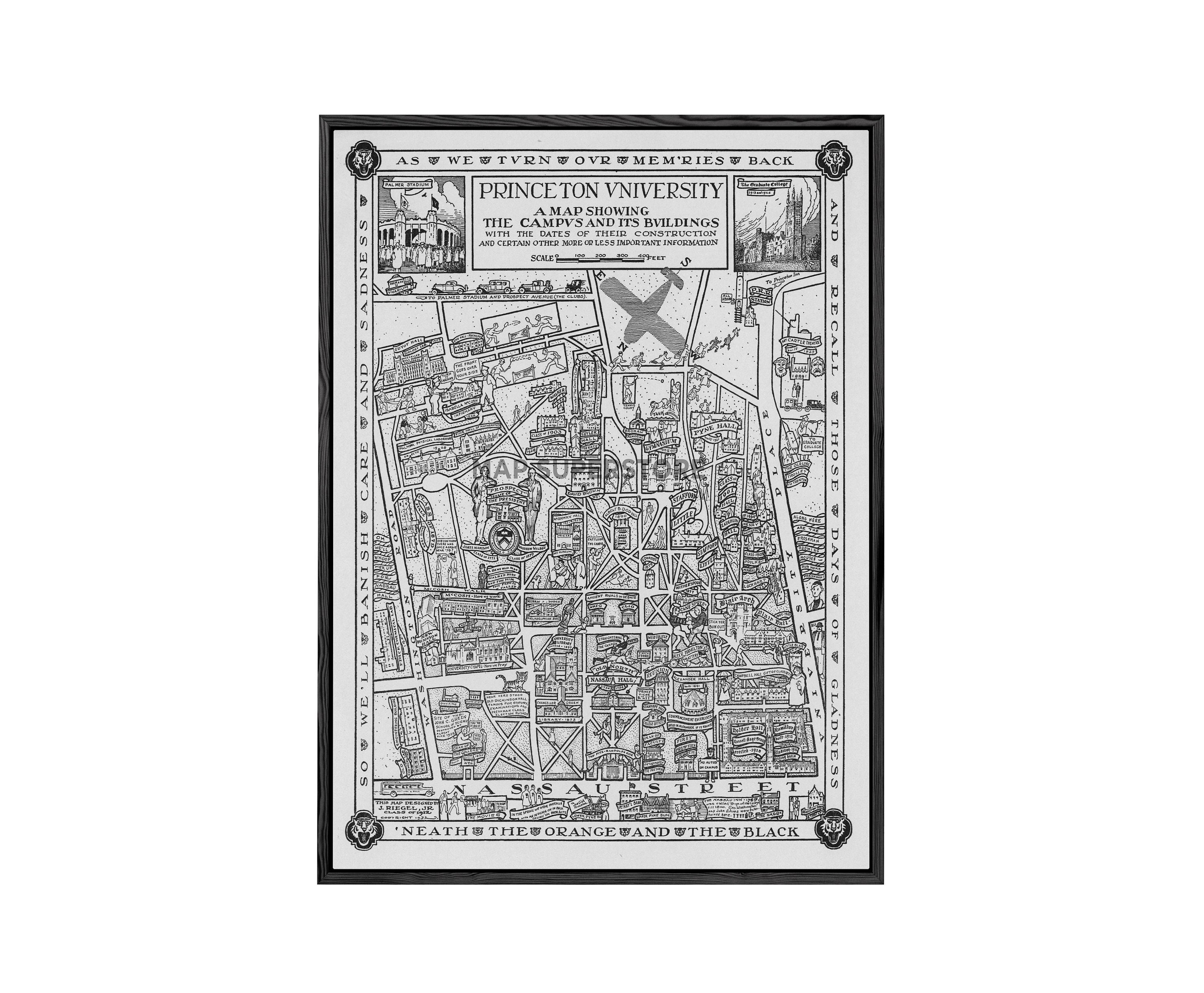 USA Vintage プリンストン大学 キャンパスマップ アートポスター Vintage Princeton University Map: 1932 Pictorial Campus Art - Etsy