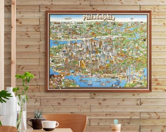 May include: A framed, colorful, illustrated map of Philadelphia featuring detailed city landmarks, buildings, and waterways. The word Philadelphia is printed in large, bold letters at the top center of the artwork, which is encased in a brown frame.