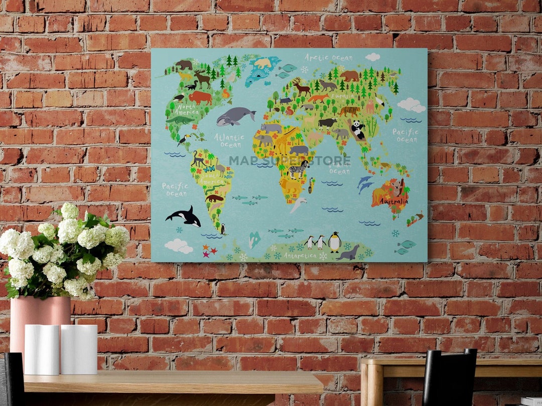 Animal World Map for Children and Kids | Poster Print Map for Nursery ...