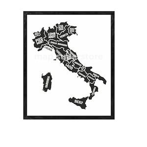 Black and White Italy Map Print: Italian Regions Travel Art