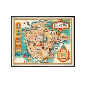 May include: A framed vintage map of Devon, England, featuring colorful illustrations of landmarks and historical figures. The map includes the text "Devon" in a decorative font, with a black frame.