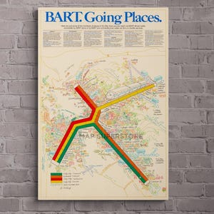 May include: A vintage-style poster titled BART. Going Places. featuring a stylized map of the Bay Area transit system. The design includes bold red, yellow, and green lines representing train routes, a train illustration, and text descriptions.