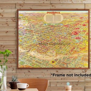May include: A colorful, detailed bird's-eye view map print of Phoenix, Arizona, featuring the text PHOENIX and VALLEY OF THE SUN. The illustration depicts city streets, buildings, and landscape in shades of yellow, orange, and red.