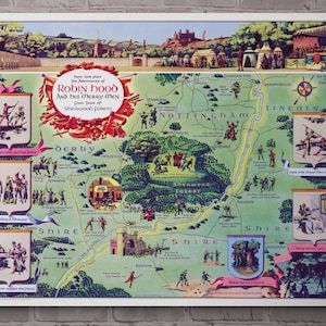 Vintage Pictorial Map - Adventures of Robin Hood and his Merry Men: Tales of Sherwood Forest
