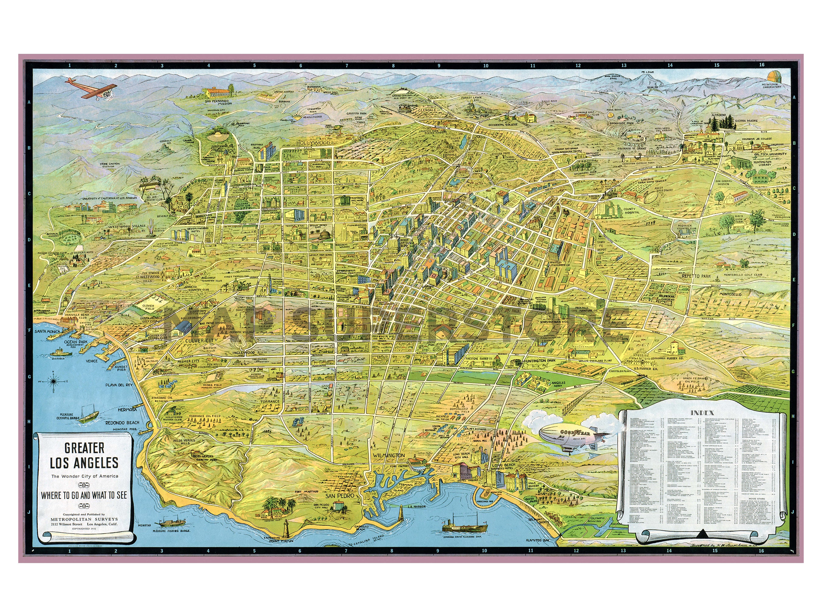 Vintage 1932 Map of Greater Los Angeles: Wonder City of America