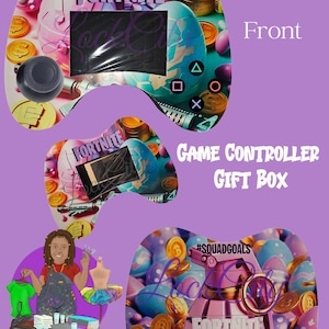 Könnte beinhalten: Dekorative Geschenkbox für einen Gamecontroller mit Fortnite-Thema. Die Vorderseite zeigt ein Controller-Design mit dem Wort "Fortnite" und farbenfrohen Grafiken. Die Rückseite zeigt ein ähnliches Design mit dem Text "#Squadgoals".