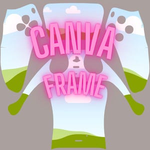 Op de afbeelding: Een roze en witte digitale ontwerptemplate met de tekst "CANVA FRAME" in roze.