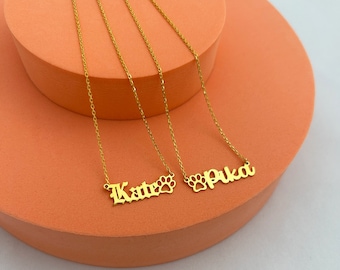 Gold Name Necklace With Paw, Dog Paw Necklace With Name, Pet Memorial Jewelry Gift, Personalized Paw Necklace, Dog Paw Necklace Silver Gift