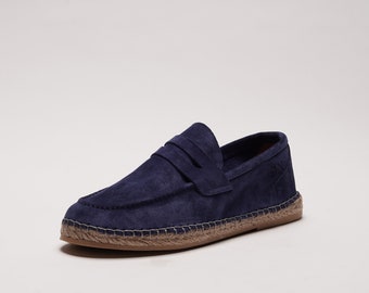 Burano - Blau | Flache Kalbsleder Wildleder Espadrilles Schuhe in Jute genäht | Made in Italy, handgenäht | Loafer für Männer